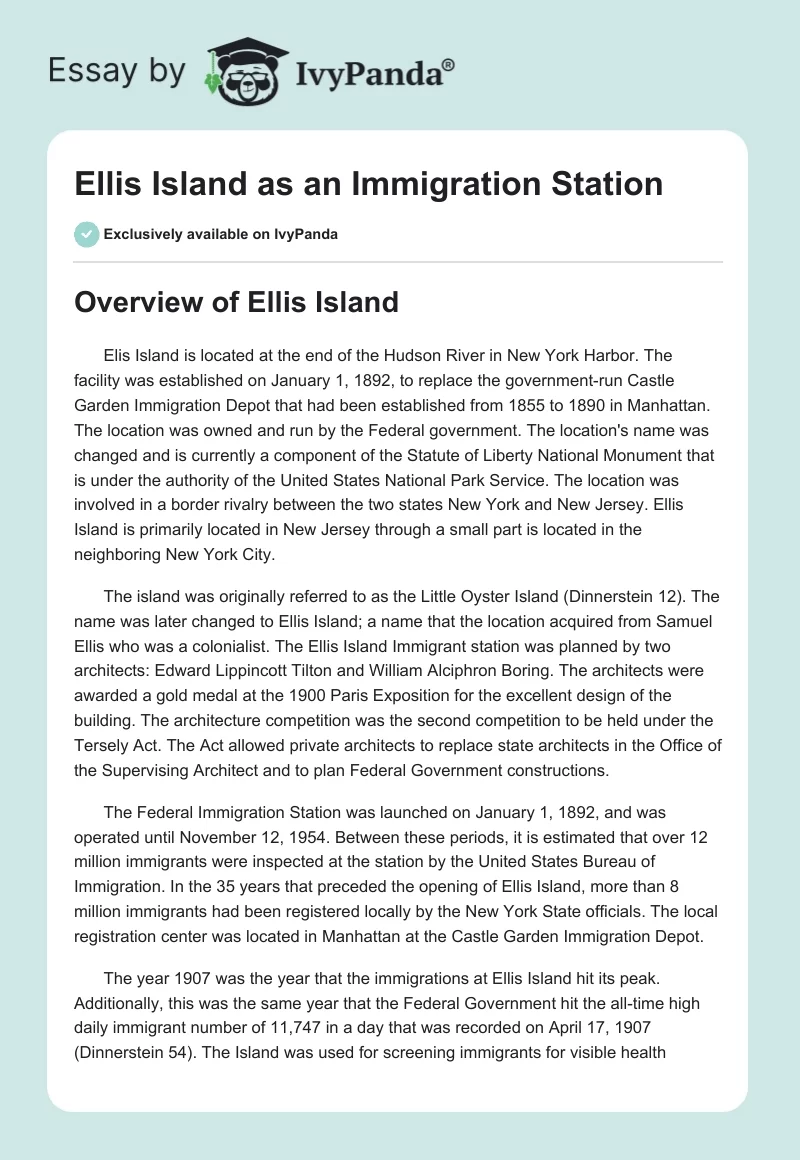 Ellis Island as an Immigration Station. Page 1