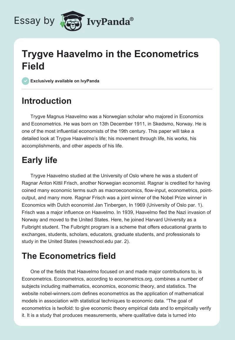 Trygve Haavelmo in the Econometrics Field. Page 1