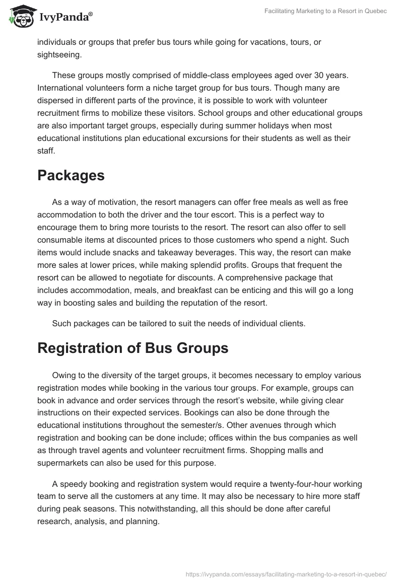 Facilitating Marketing to a Resort in Quebec. Page 2