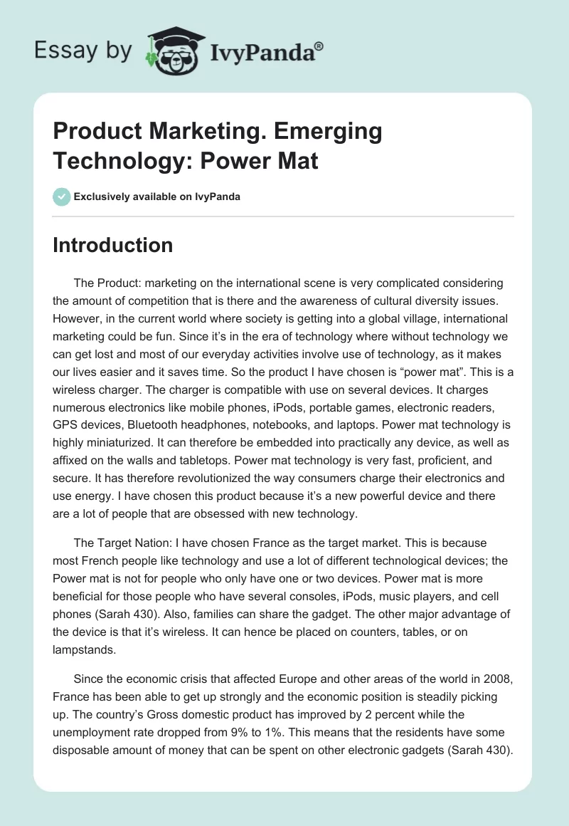 Product Marketing. Emerging Technology: Power Mat. Page 1