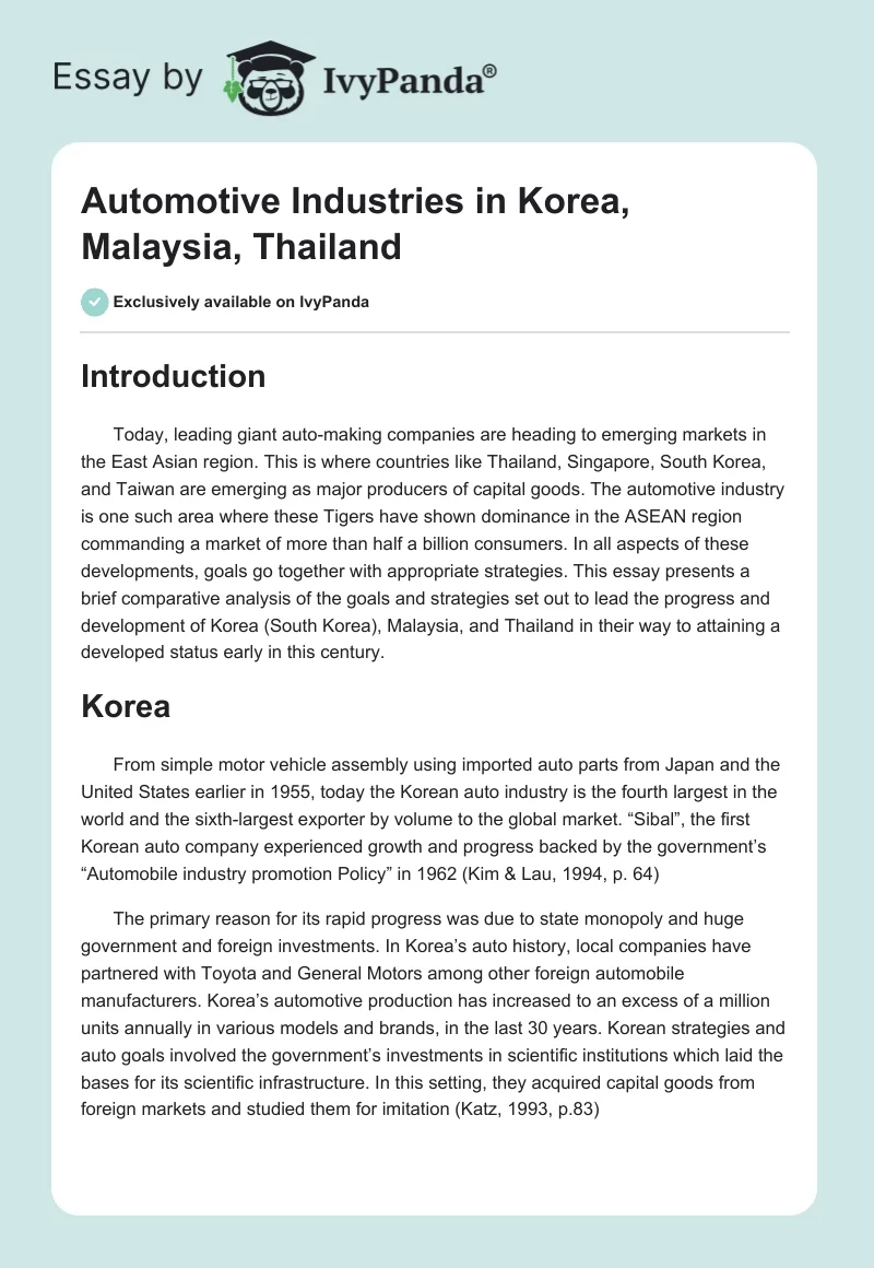 Automotive Industries in Korea, Malaysia, Thailand. Page 1