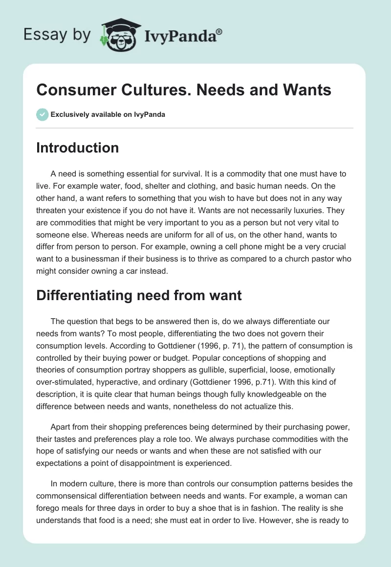 Consumer Cultures. Needs and Wants. Page 1