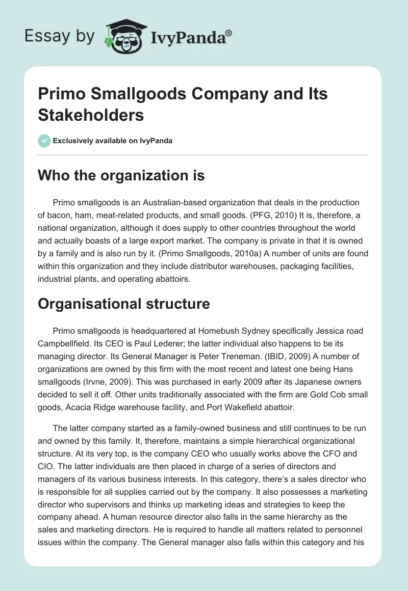 Primo Smallgoods Company and Its Stakeholders. Page 1