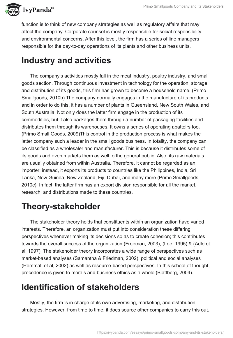 Primo Smallgoods Company and Its Stakeholders. Page 2