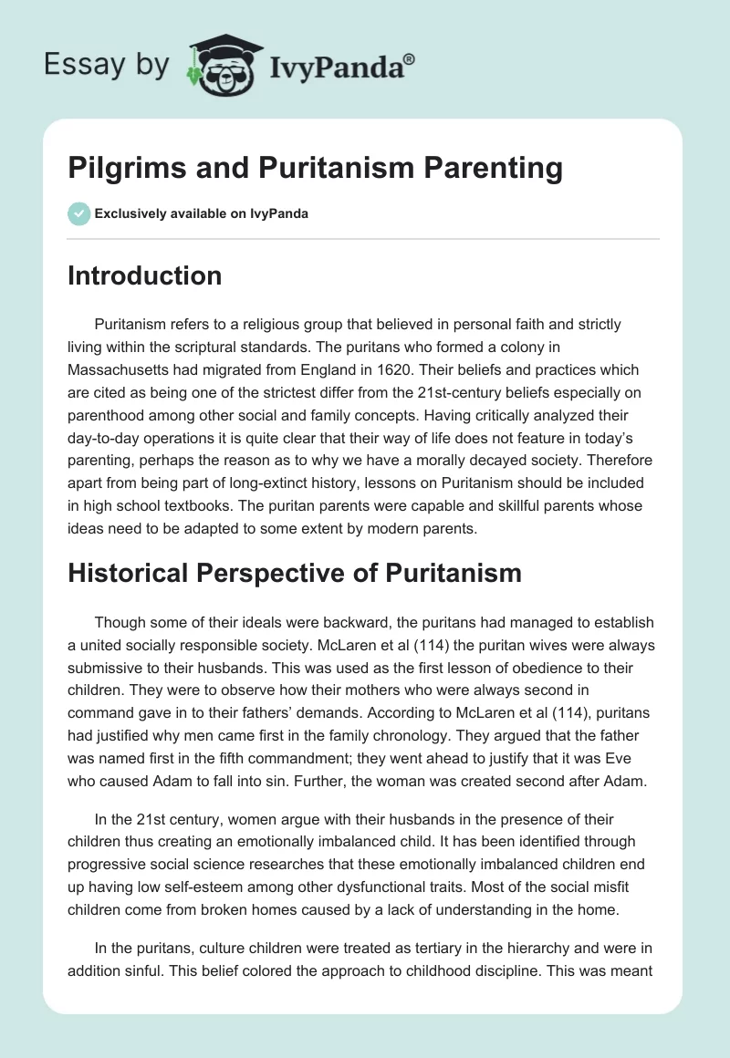 Pilgrims and Puritanism Parenting. Page 1