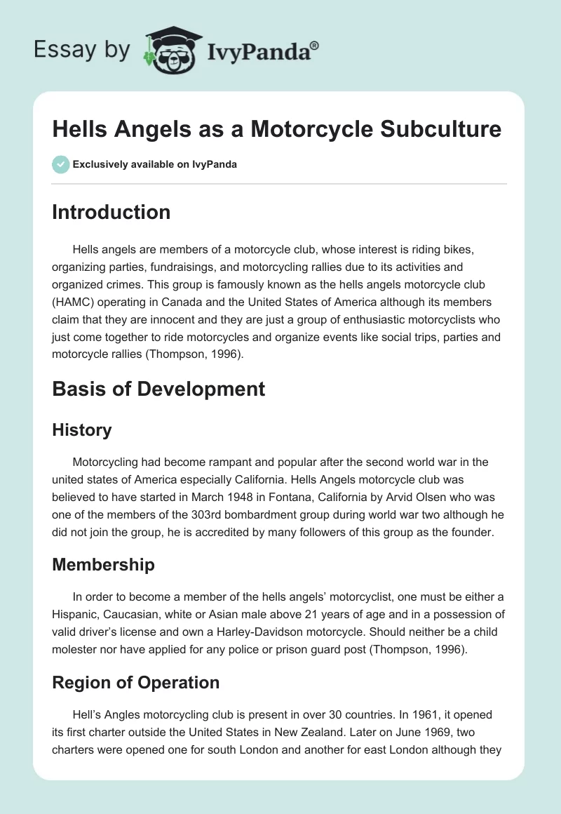 Hells Angels as a Motorcycle Subculture. Page 1