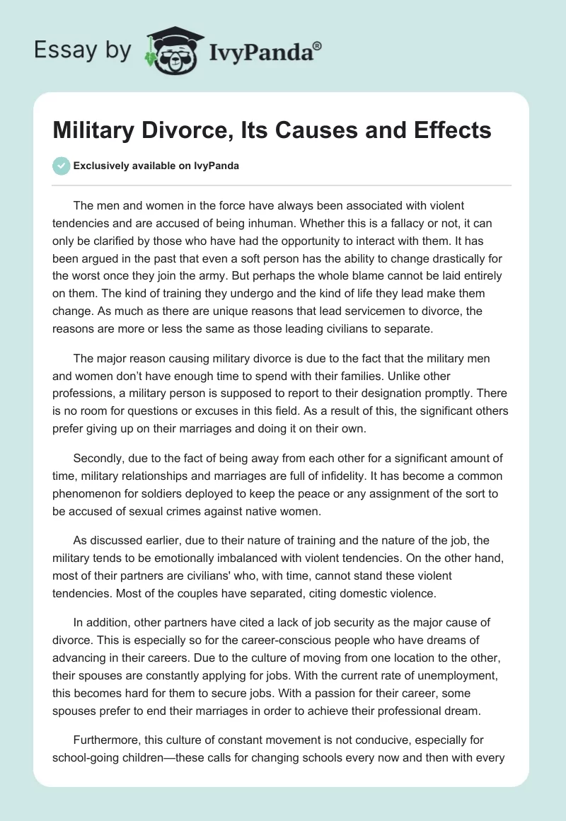 Military Divorce, Its Causes and Effects. Page 1