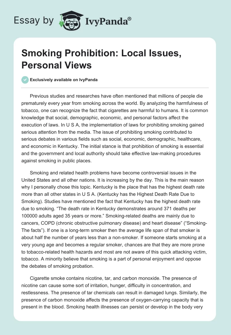 Smoking Prohibition: Local Issues, Personal Views. Page 1
