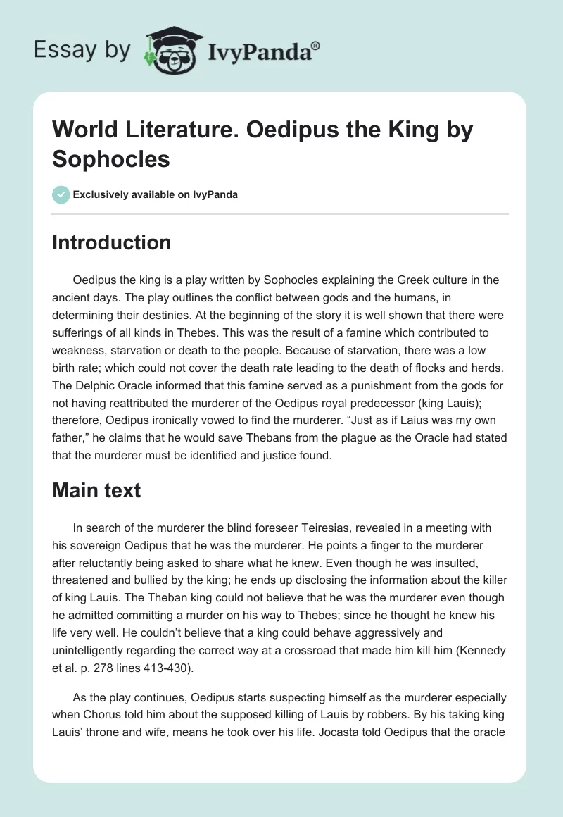 World Literature. Oedipus the King by Sophocles. Page 1