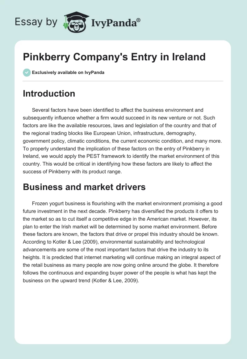 Pinkberry Company's Entry in Ireland. Page 1