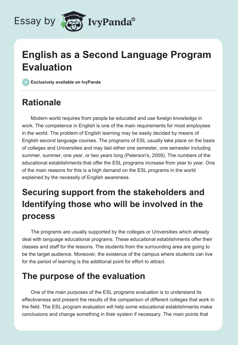 English as a Second Language Program Evaluation. Page 1