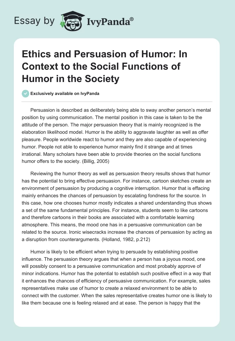 Ethics and Persuasion of Humor: In Context to the Social Functions of Humor in the Society. Page 1