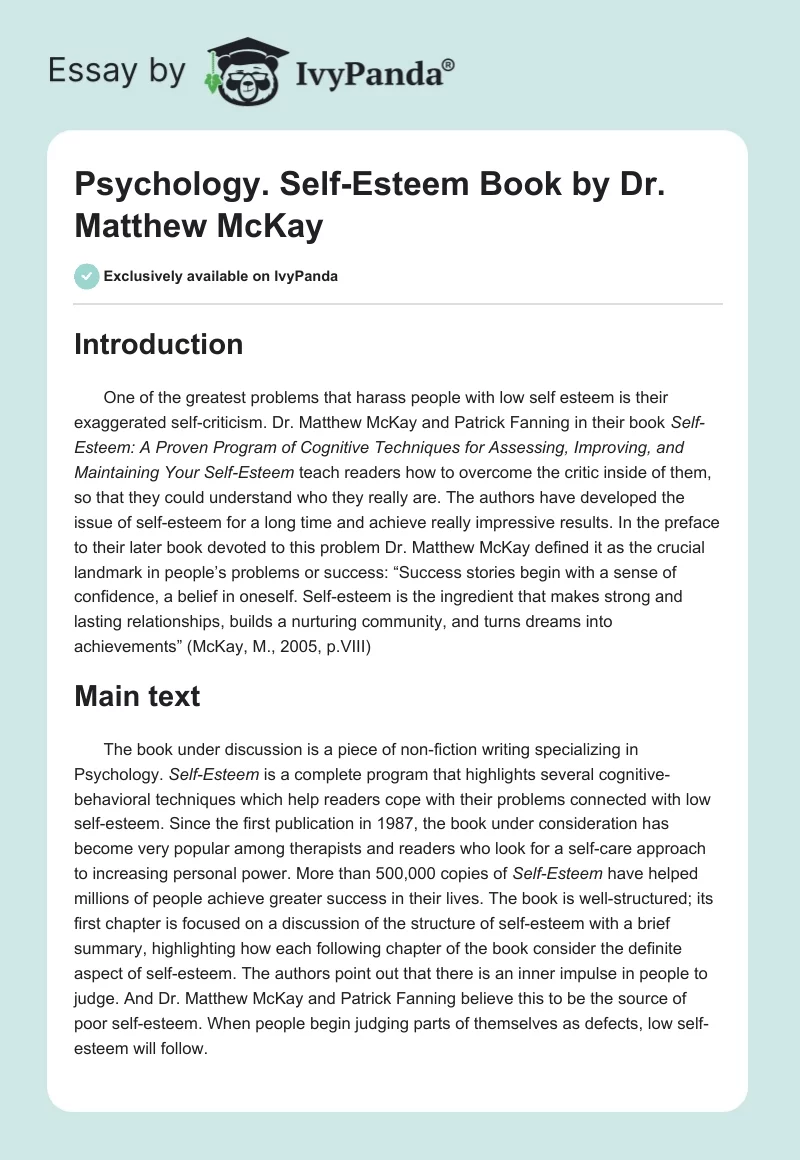 Psychology. "Self-Esteem" Book by Dr. Matthew McKay. Page 1
