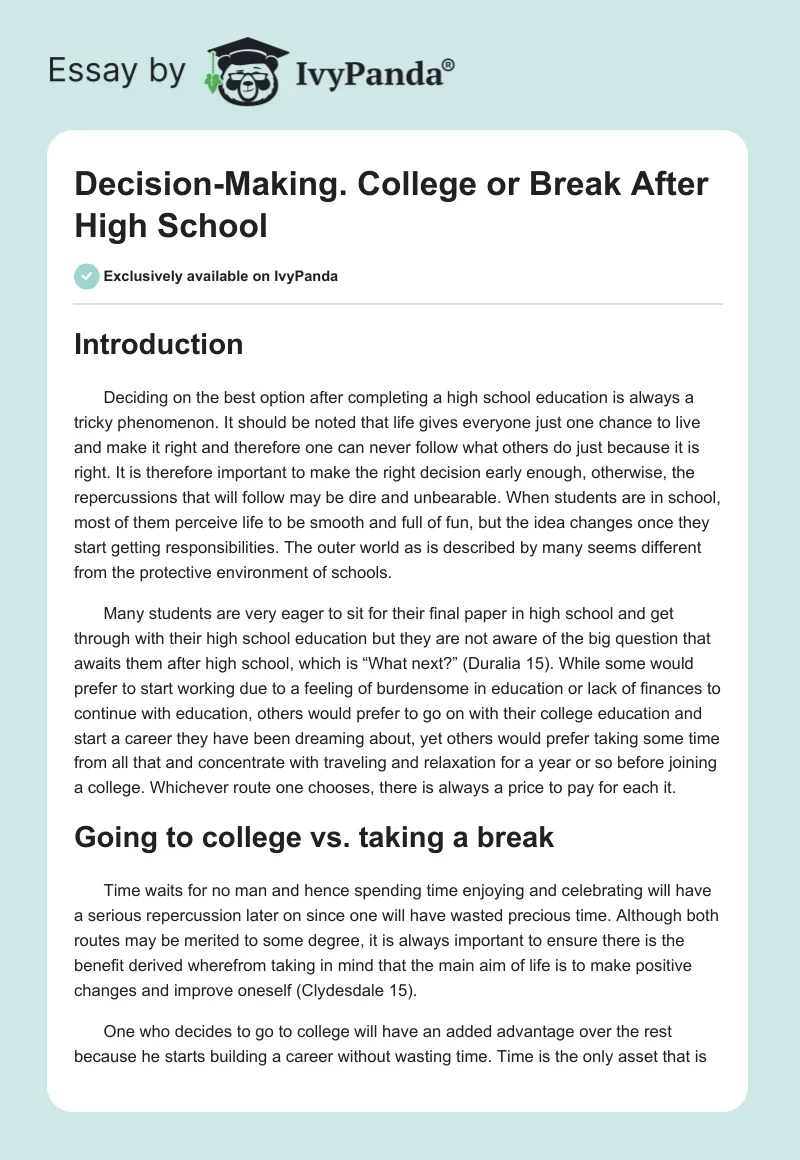 Decision-Making. College or Break After High School. Page 1