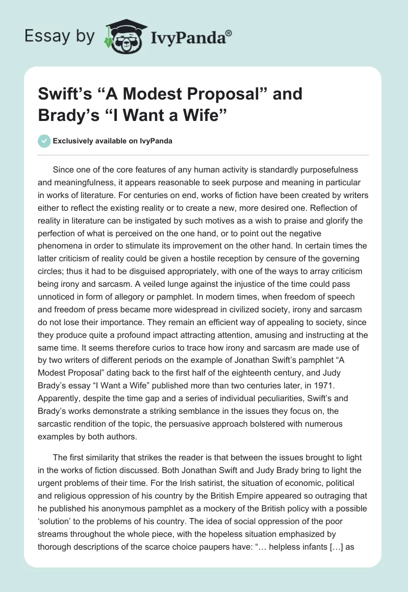 Swift’s “A Modest Proposal” and Brady’s “I Want a Wife”. Page 1