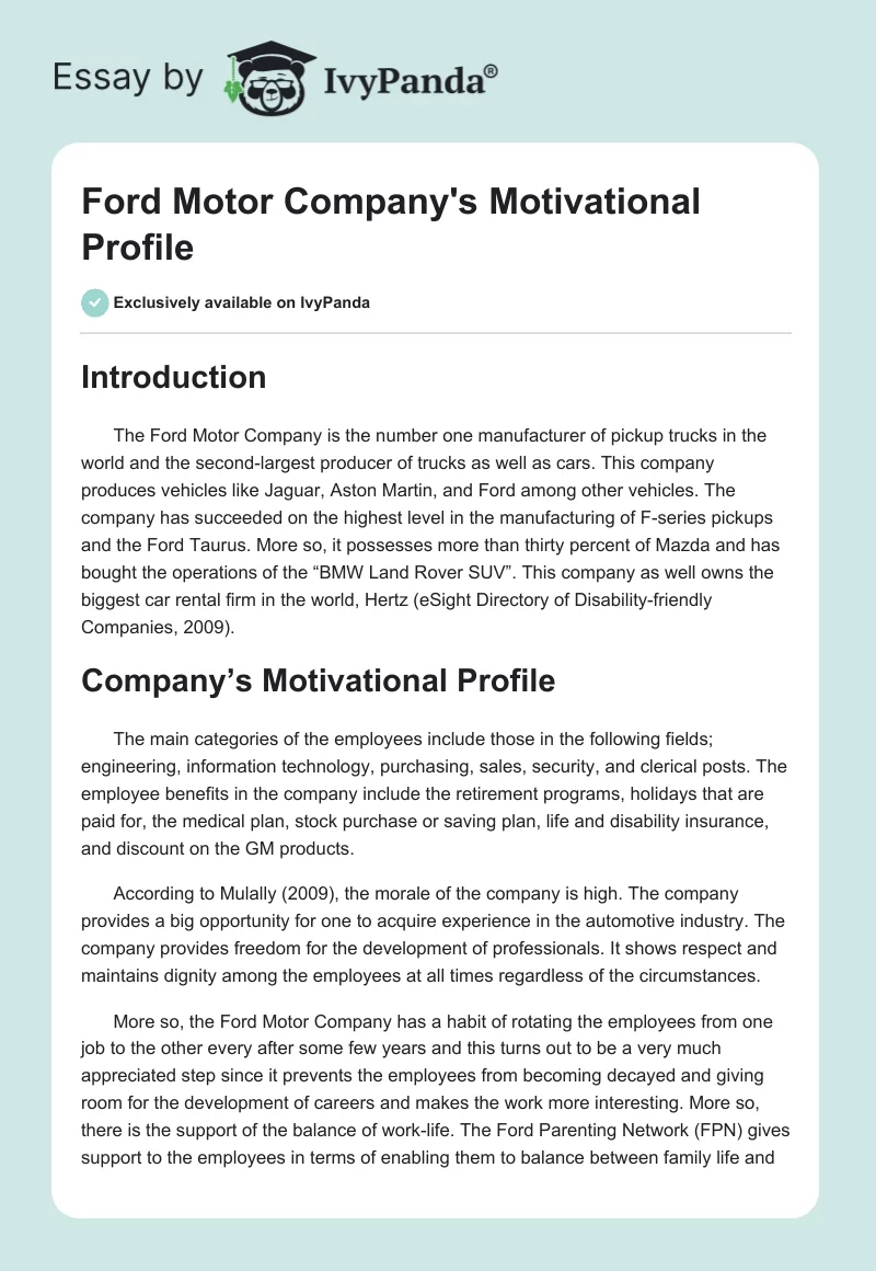 Ford Motor Company's Motivational Profile. Page 1
