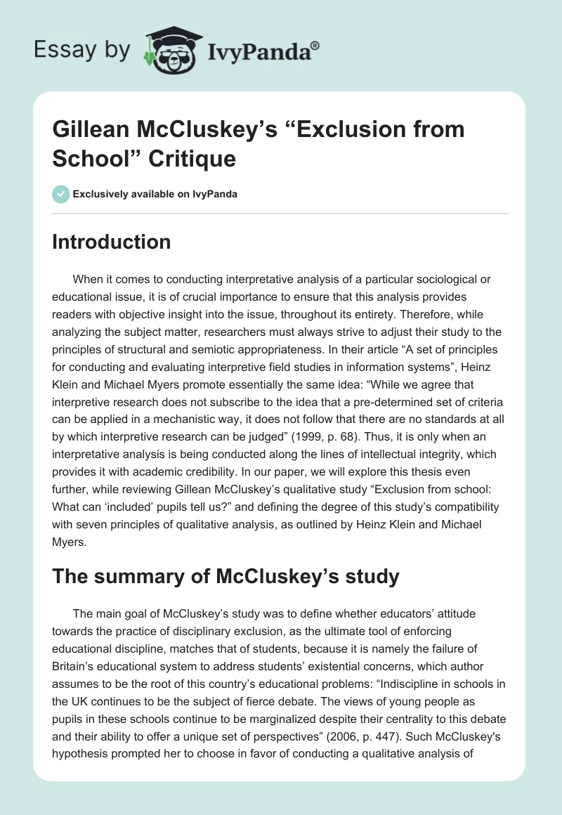 Gillean McCluskey’s “Exclusion from School” Critique. Page 1