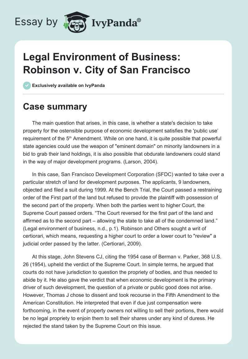 Legal Environment of Business: Robinson v. City of San Francisco. Page 1