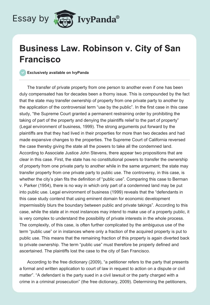 Business Law. Robinson v. City of San Francisco. Page 1