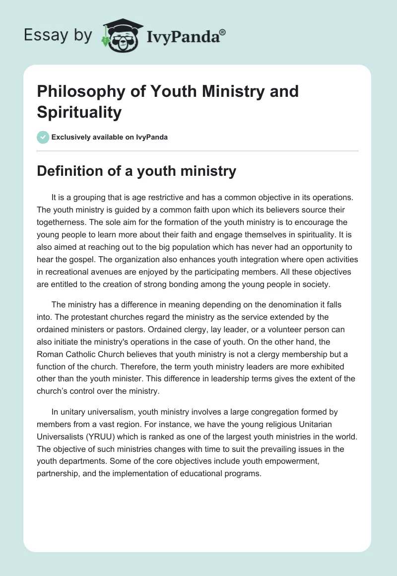 Philosophy of Youth Ministry and Spirituality. Page 1
