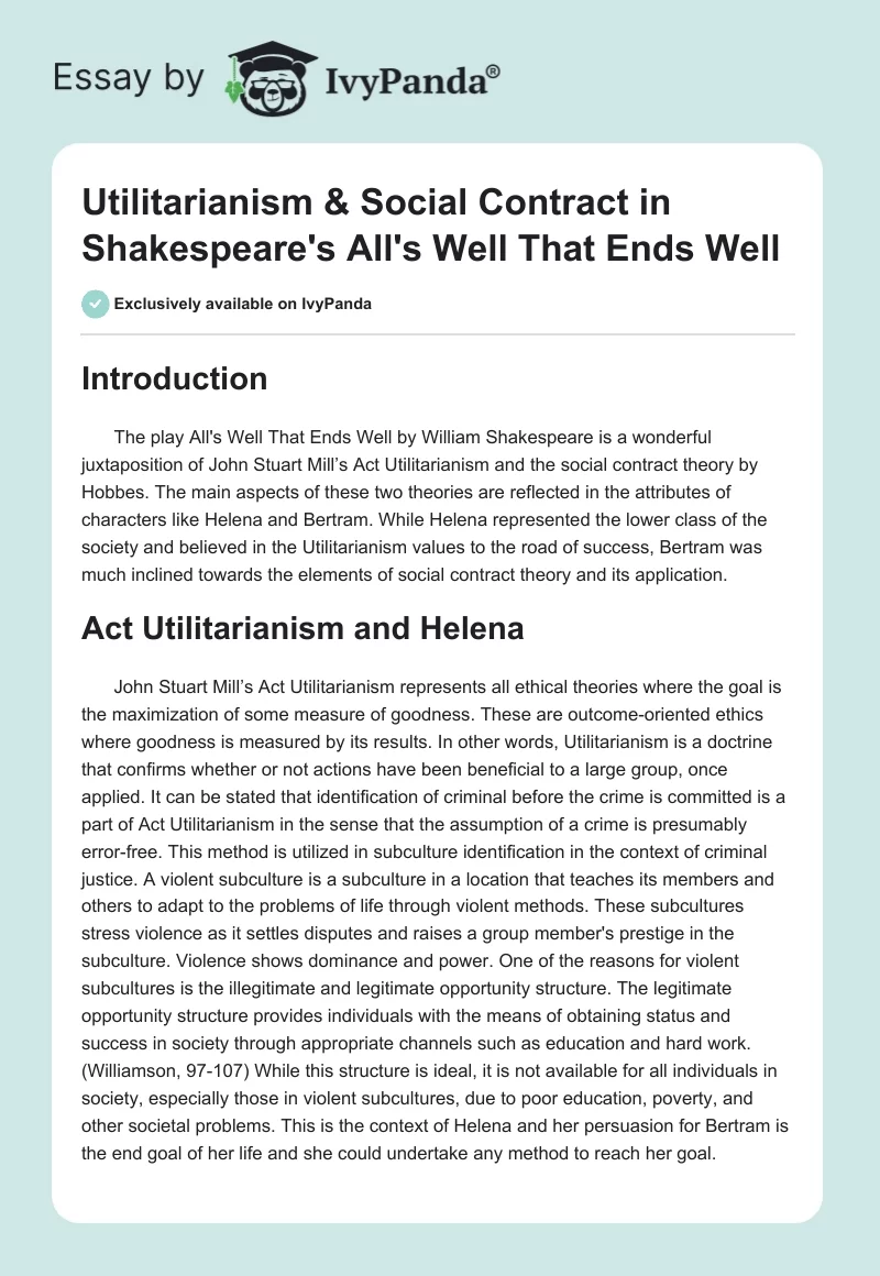 Utilitarianism & Social Contract in Shakespeare's All's Well That Ends Well. Page 1