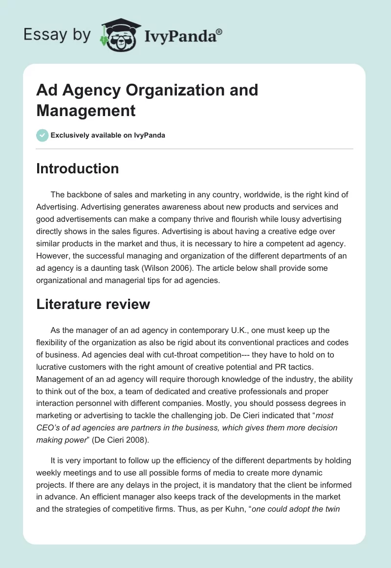 Ad Agency Organization and Management. Page 1