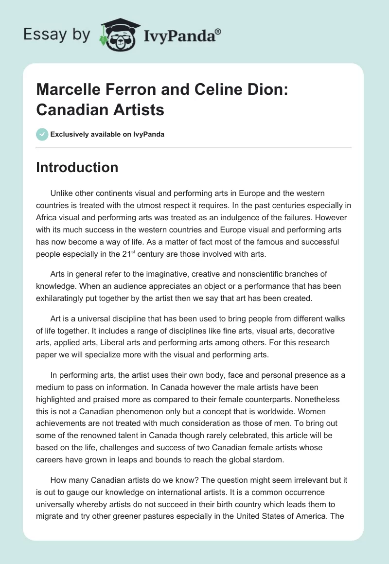 Marcelle Ferron and Celine Dion: Canadian Artists. Page 1