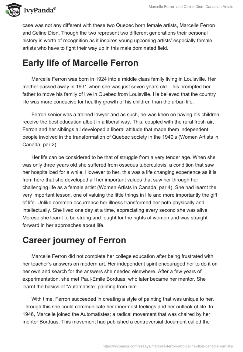 Marcelle Ferron and Celine Dion: Canadian Artists. Page 2