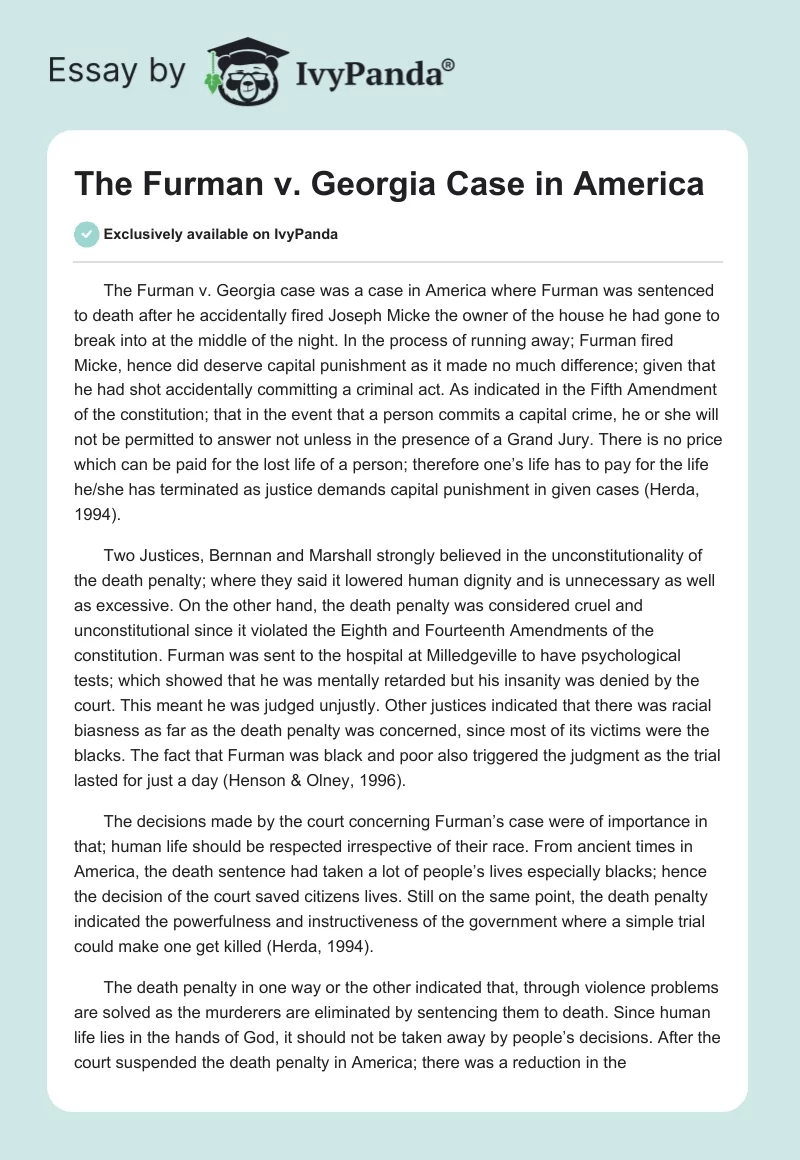 The Furman v. Georgia Case in America. Page 1