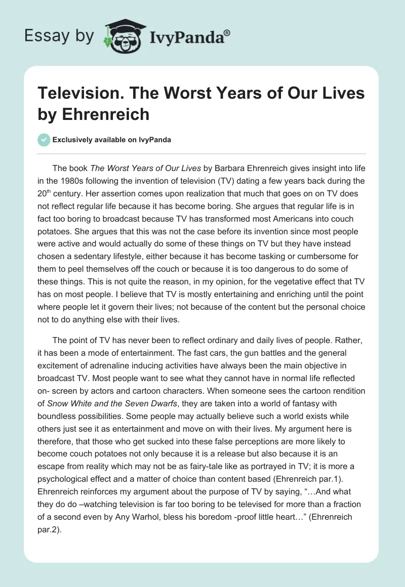 Television. The Worst Years of Our Lives by Ehrenreich. Page 1