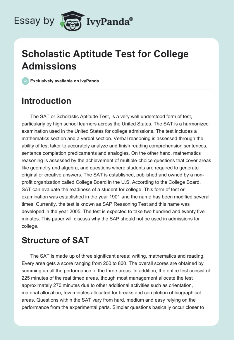 Scholastic Aptitude Test for College Admissions. Page 1