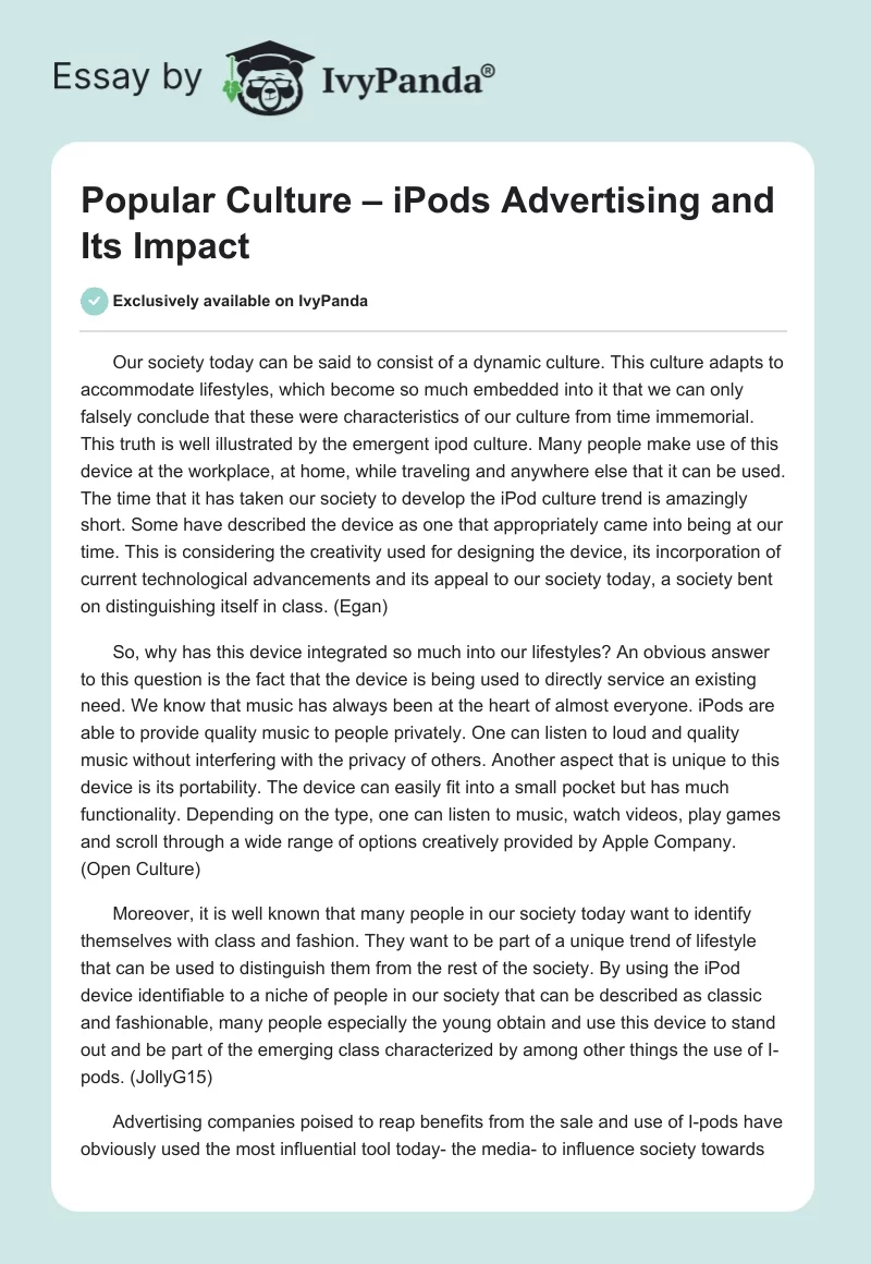 Popular Culture – iPods Advertising and Its Impact. Page 1