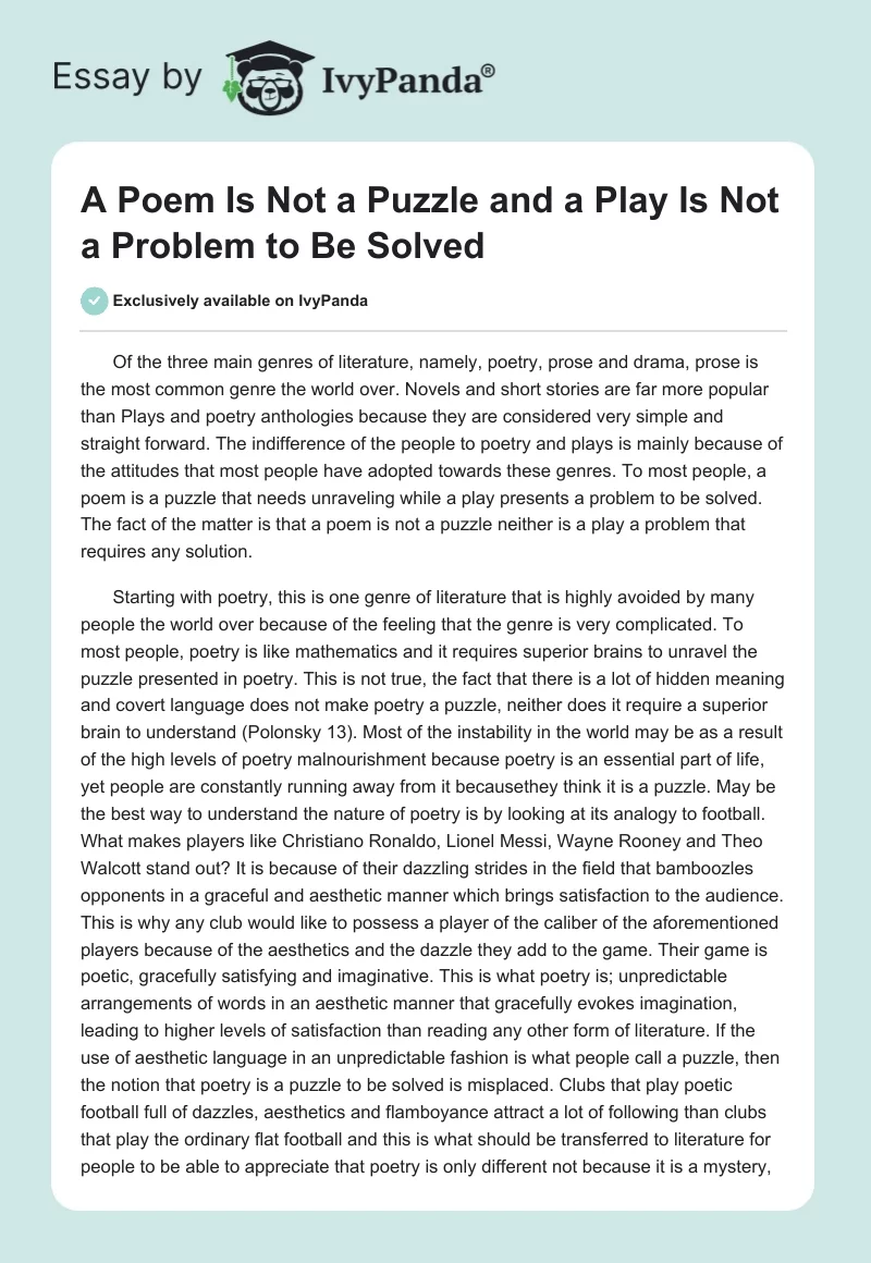 A Poem Is Not a Puzzle and a Play Is Not a Problem to Be Solved. Page 1