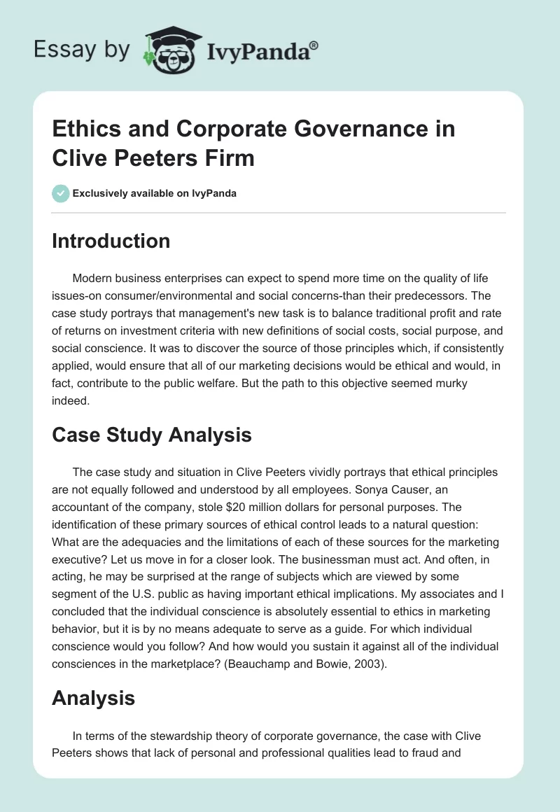 Ethics and Corporate Governance in Clive Peeters Firm. Page 1