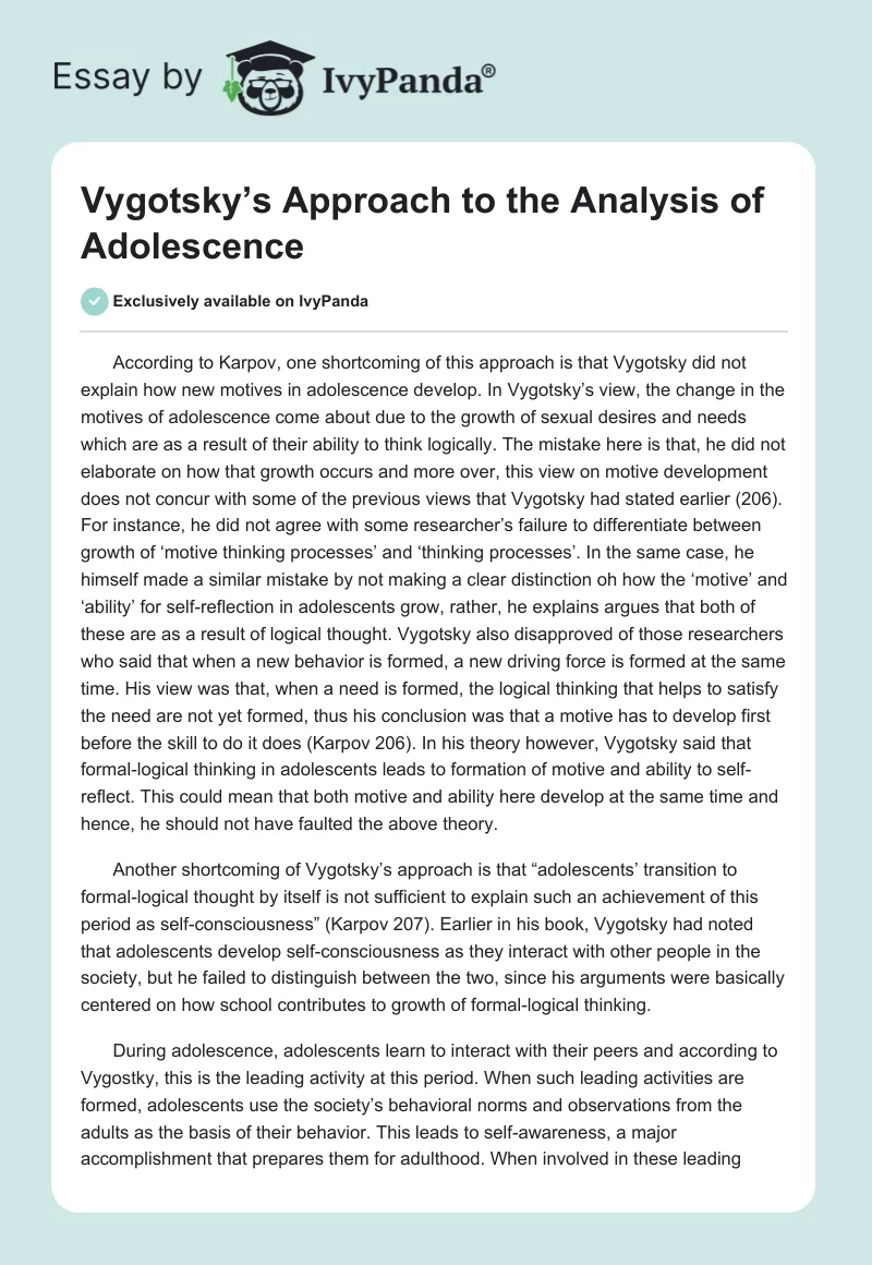 Vygotsky’s Approach to the Analysis of Adolescence. Page 1