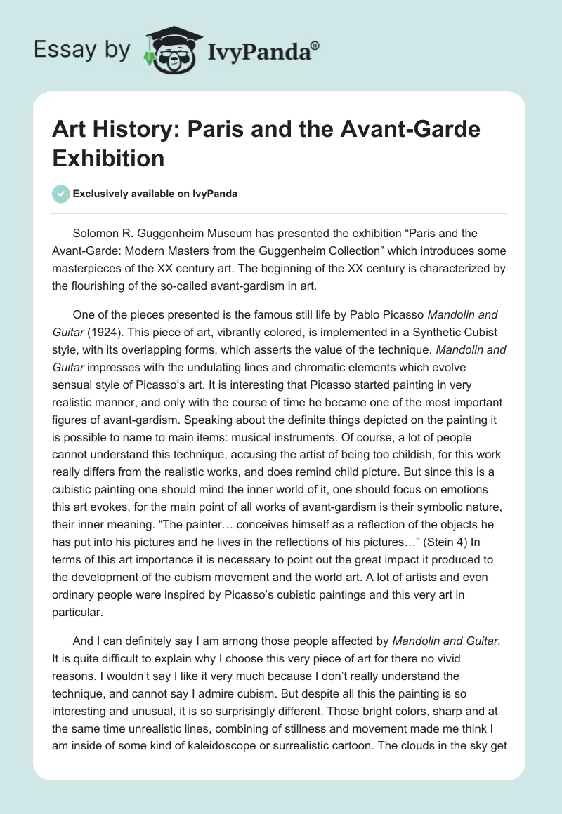 Art History: Paris and the Avant-Garde Exhibition. Page 1