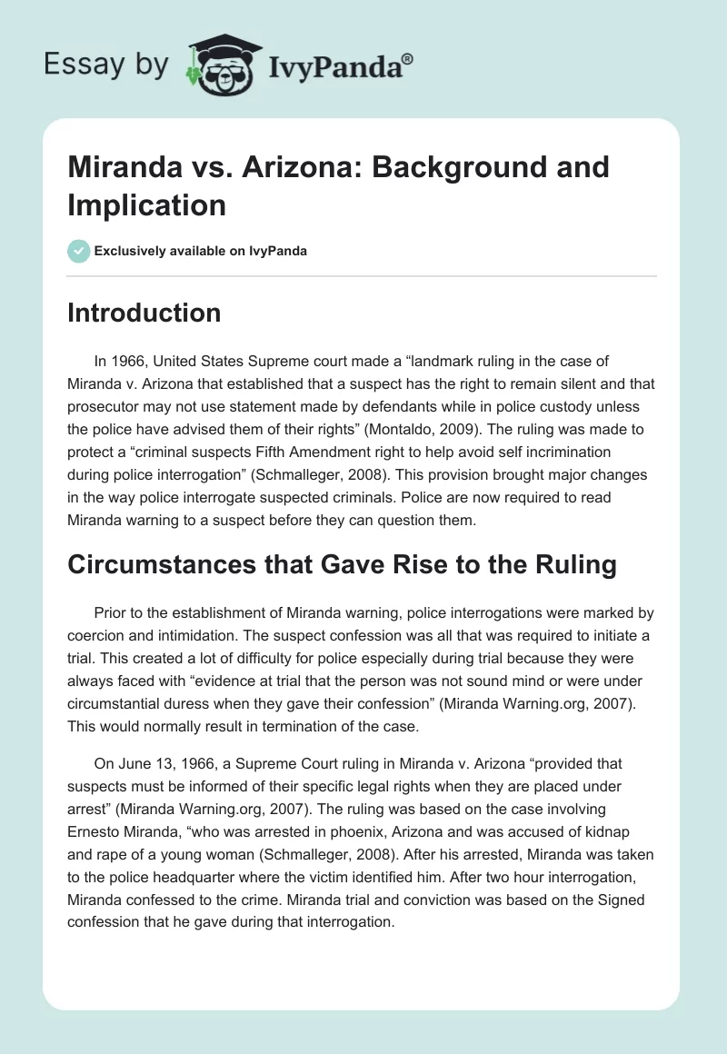 Miranda vs. Arizona: Background and Implication. Page 1