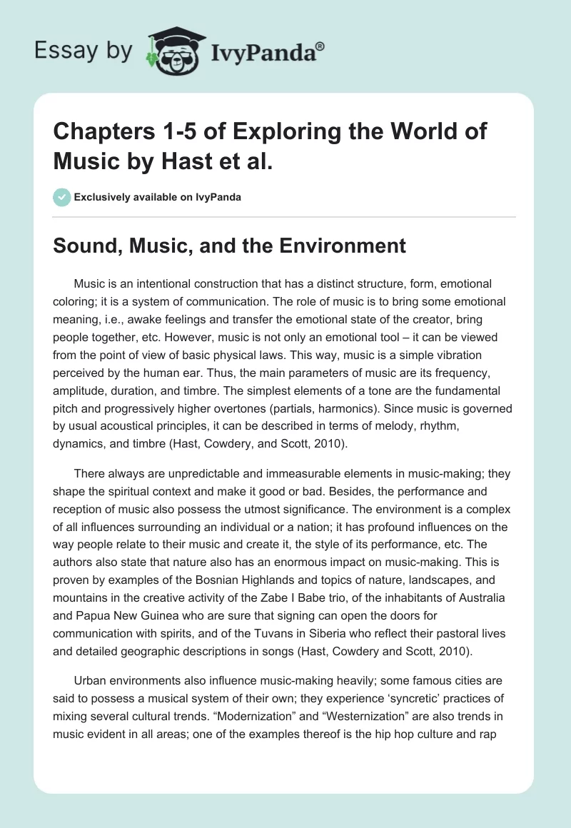 Chapters 1-5 of "Exploring the World of Music" by Hast et al.. Page 1