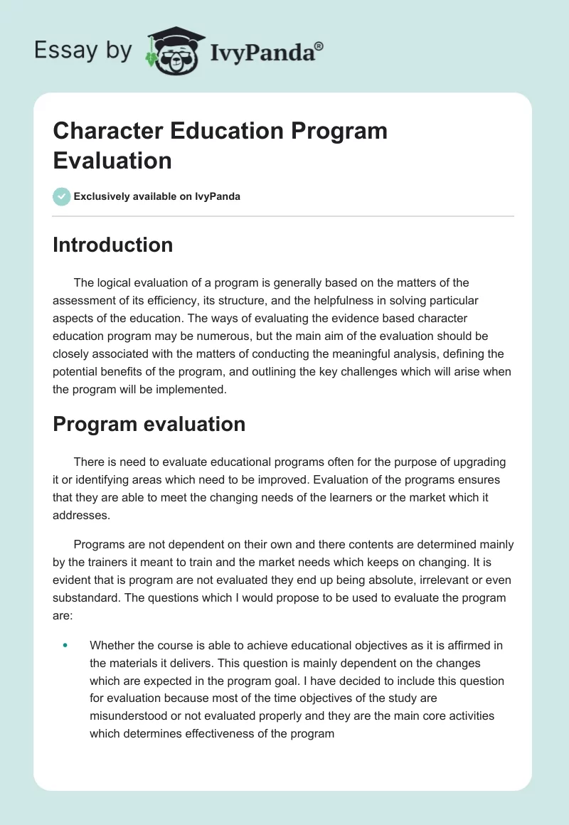 Character Education Program Evaluation. Page 1