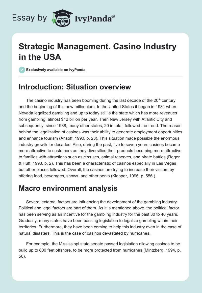 Strategic Management. Casino Industry in the USA. Page 1