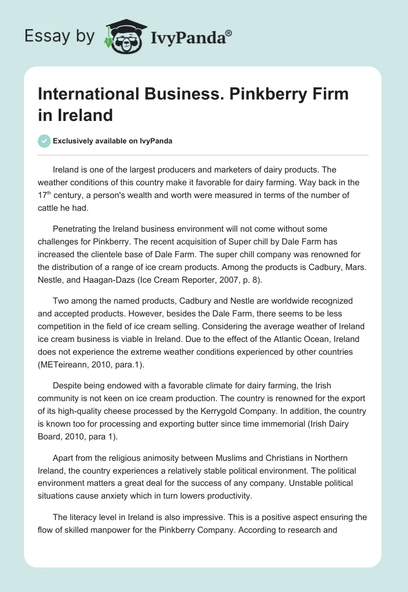 International Business. Pinkberry Firm in Ireland. Page 1