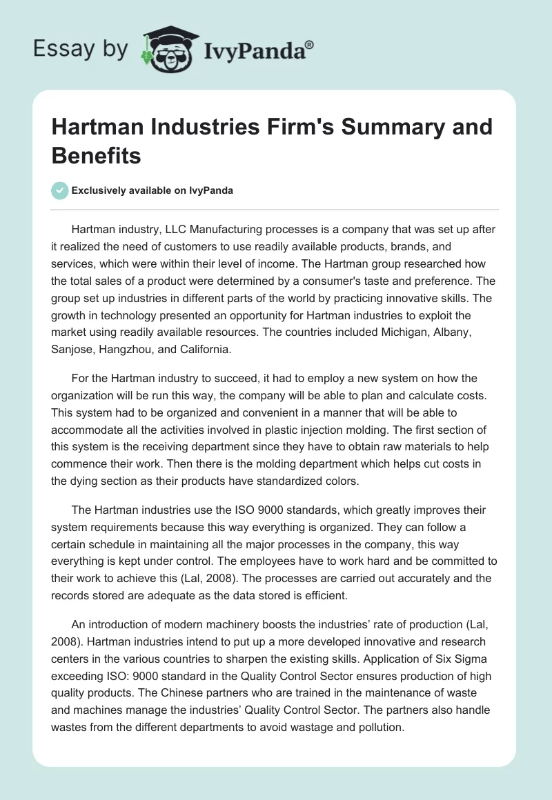 Hartman Industries Firm's Summary and Benefits. Page 1