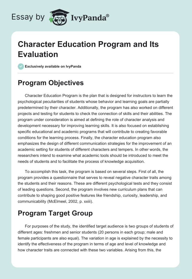 Character Education Program and Its Evaluation. Page 1