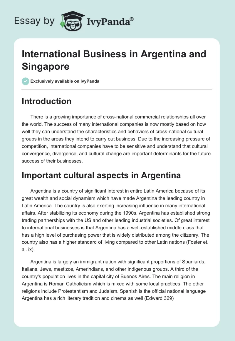 International Business in Argentina and Singapore. Page 1