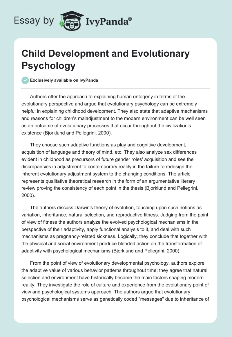 Child Development and Evolutionary Psychology. Page 1