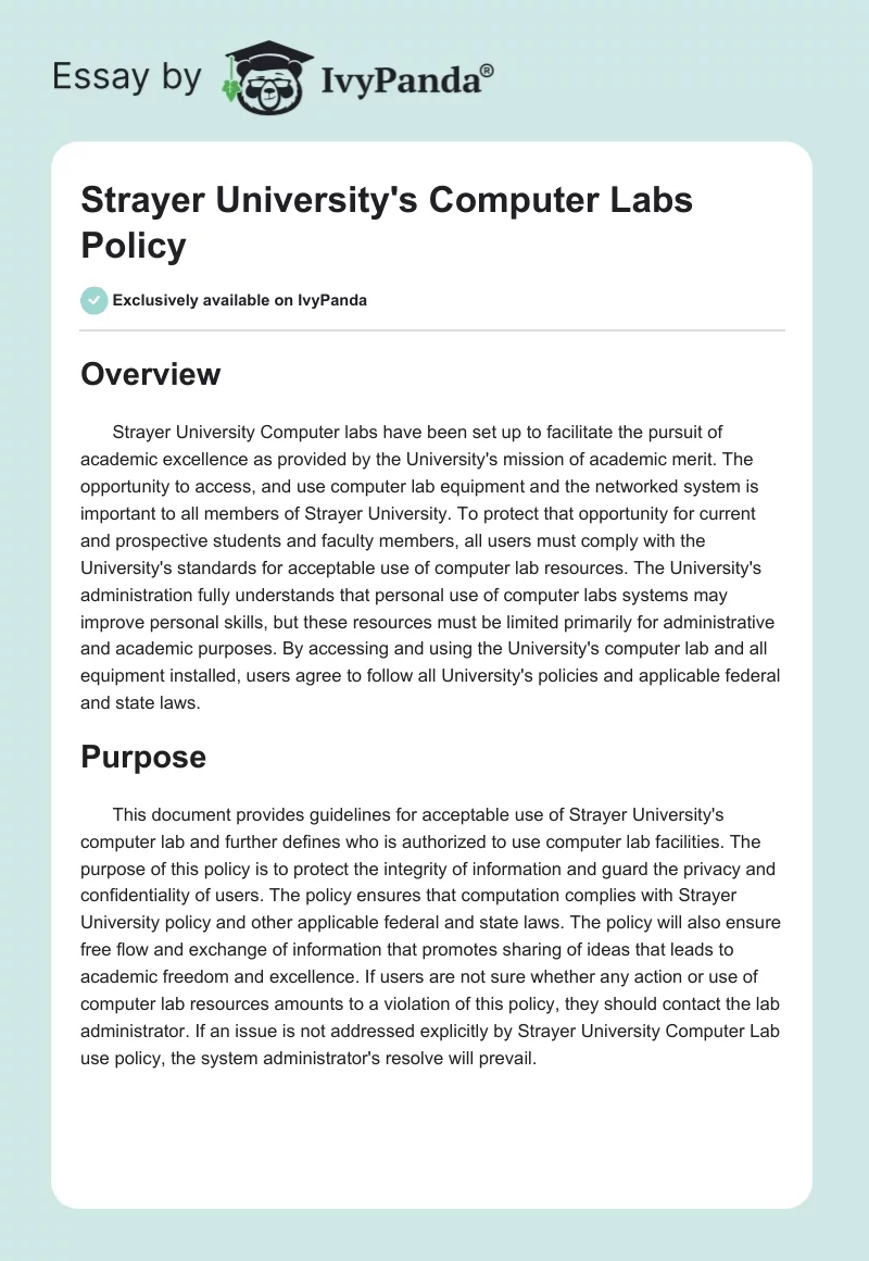 Strayer University's Computer Labs Policy. Page 1