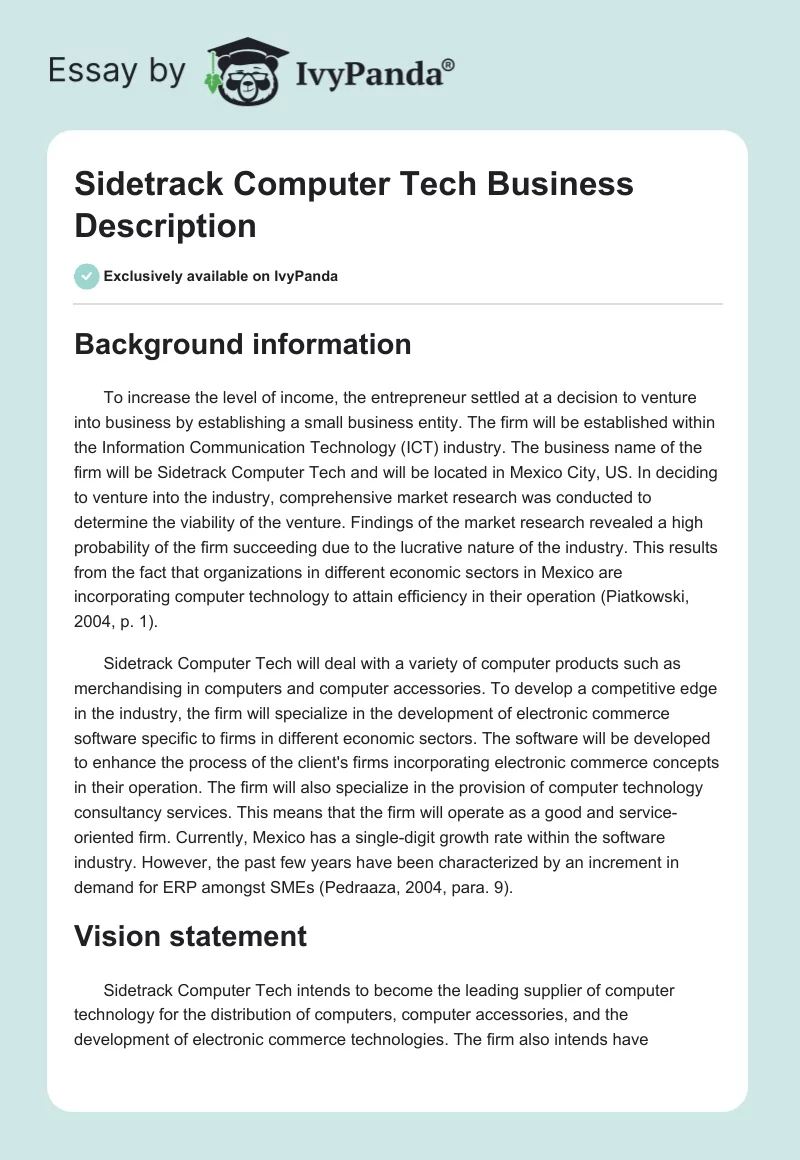 Sidetrack Computer Tech Business Description. Page 1