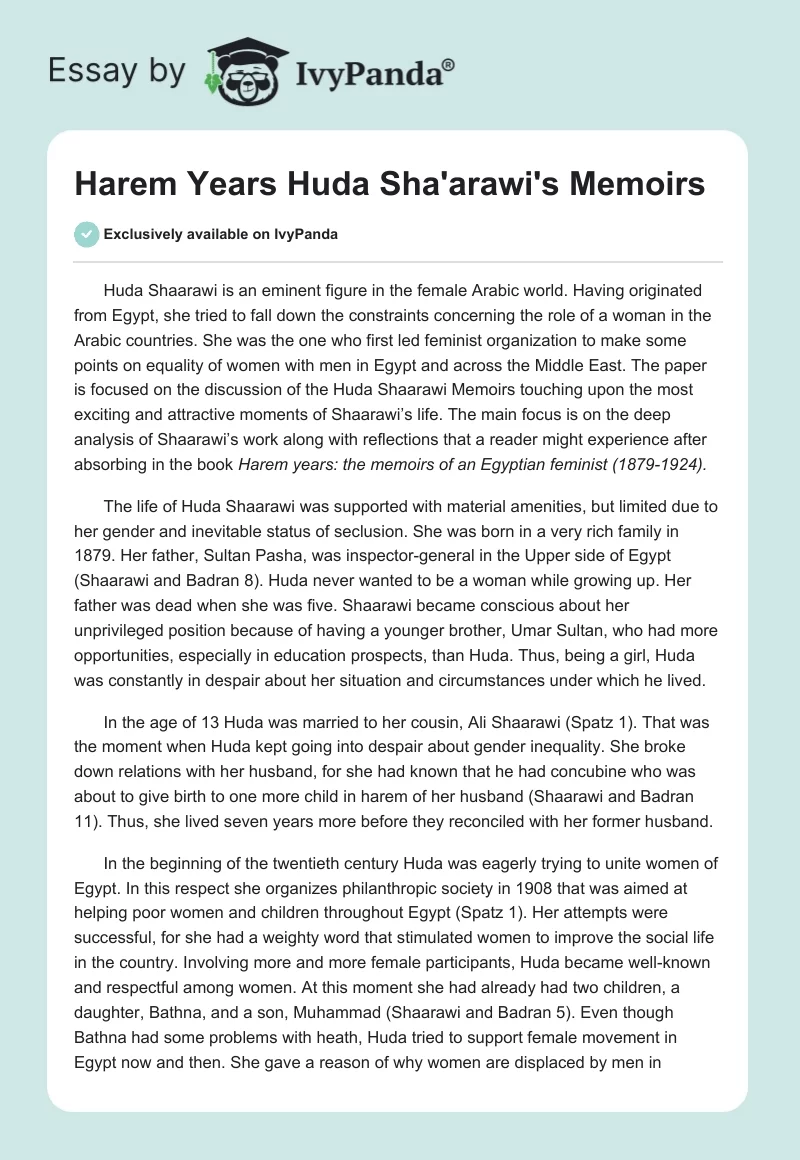 "Harem Years" Huda Sha'arawi's Memoirs. Page 1