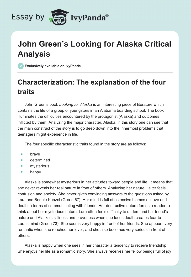 John Green’s Looking for Alaska Critical Analysis. Page 1