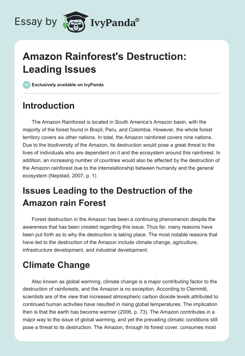 Amazon Rainforest's Destruction: Leading Issues. Page 1
